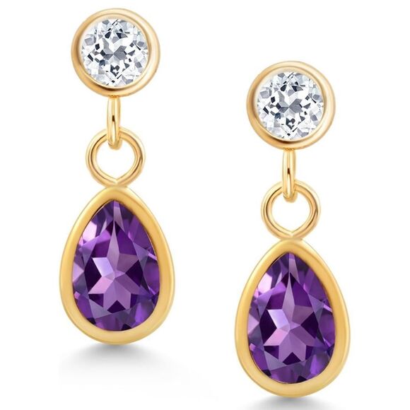 14K Yellow Gold with 1.00 Cttw Amethyst and White Topaz Post Back Drop Earrings